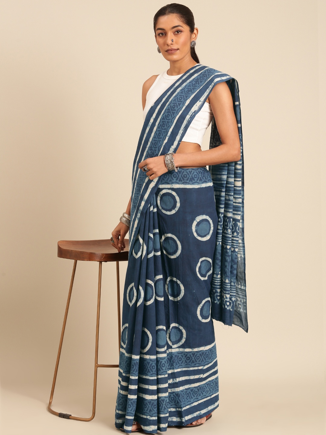 

Taavi Block Printed Pure Cotton Saree, Navy blue