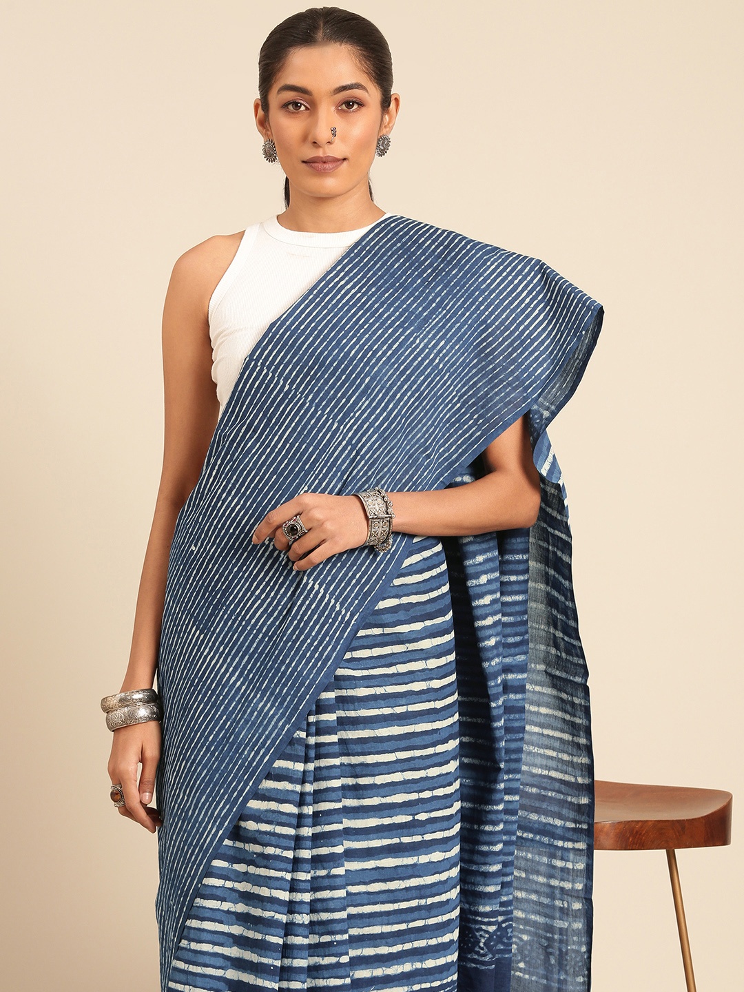 

Taavi Block Printed Pure Cotton Saree, Navy blue