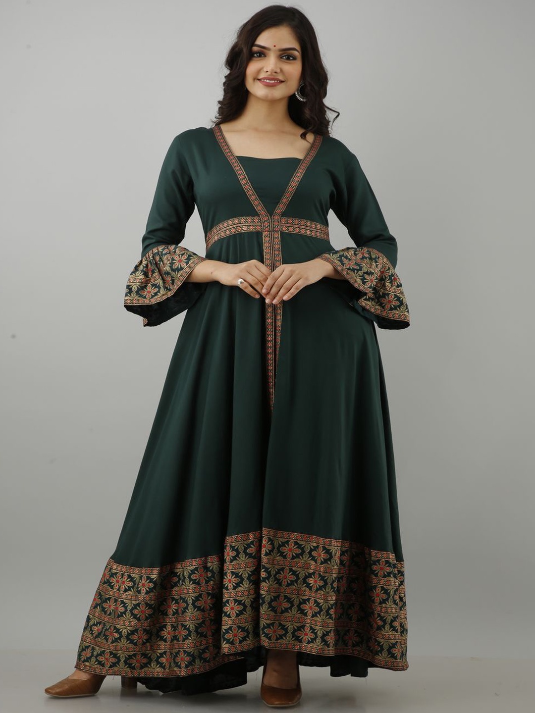 

ftDiva Ethnic Motifs Printed Flared Maxi Dress, Green