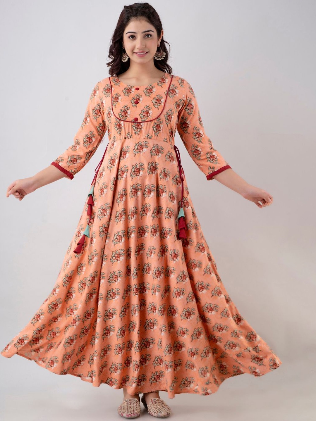 

ftDiva Peach Floral Printed Flared Ethnic Dress