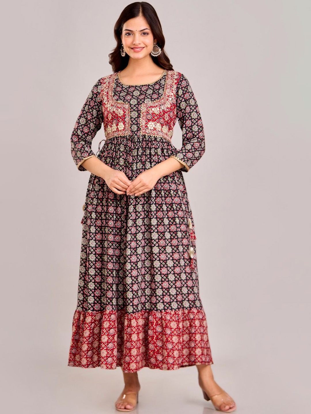

ftDiva Ethnic Motifs Printed Flared Maxi Dress, Black