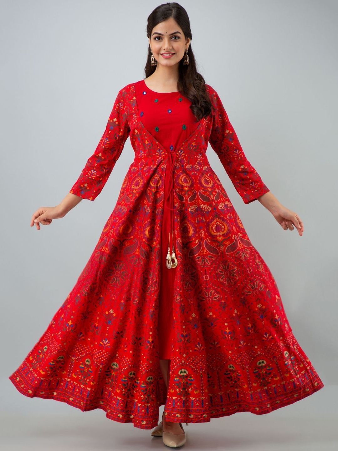 

ftDiva Ethnic Motifs Embroidered Round Neck Flared Fit and Flare Ethnic Dresses, Red