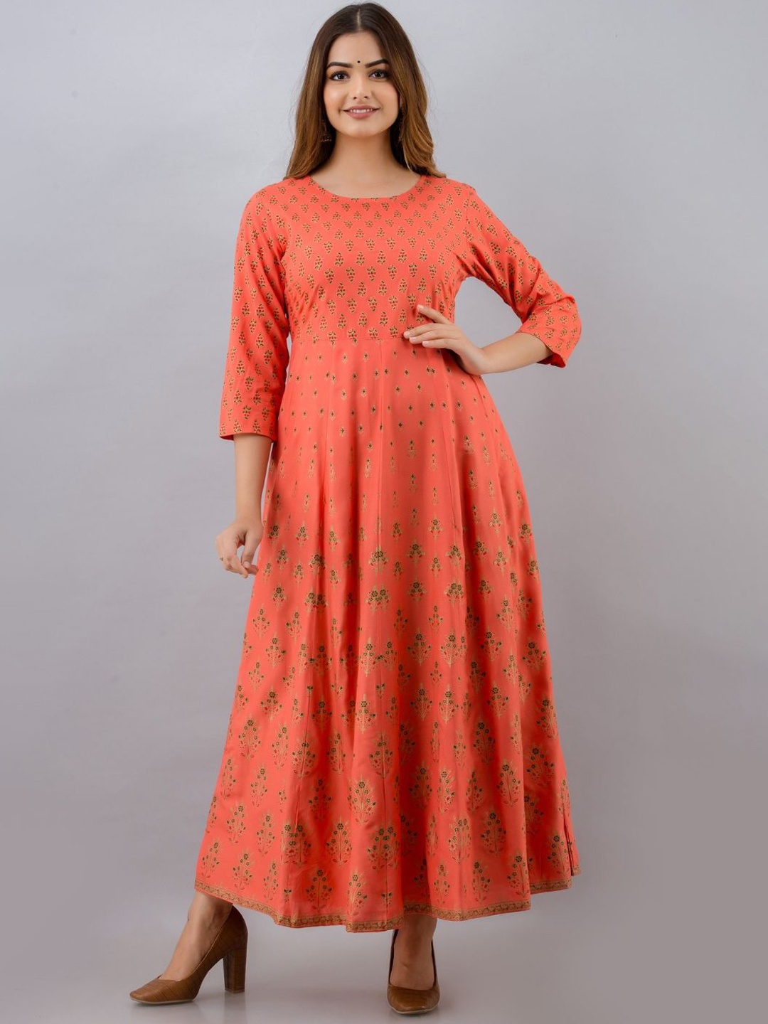 

ftDiva Floral Printed Flared Maxi Dress, Peach