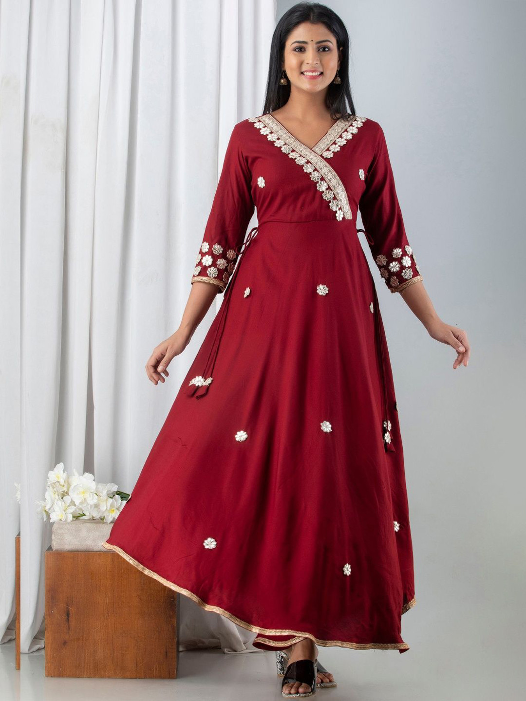 

ftDiva Embroidered Flared Maxi Dress, Maroon