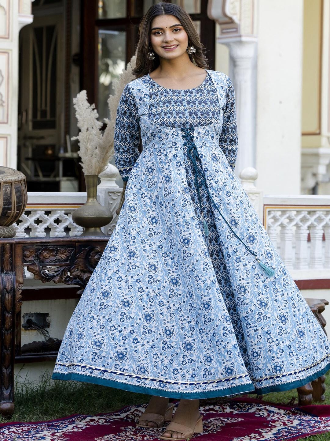 

ftDiva Floral Printed Round Neck Gathered or Pleated Maxi Ethnic Dress, Blue