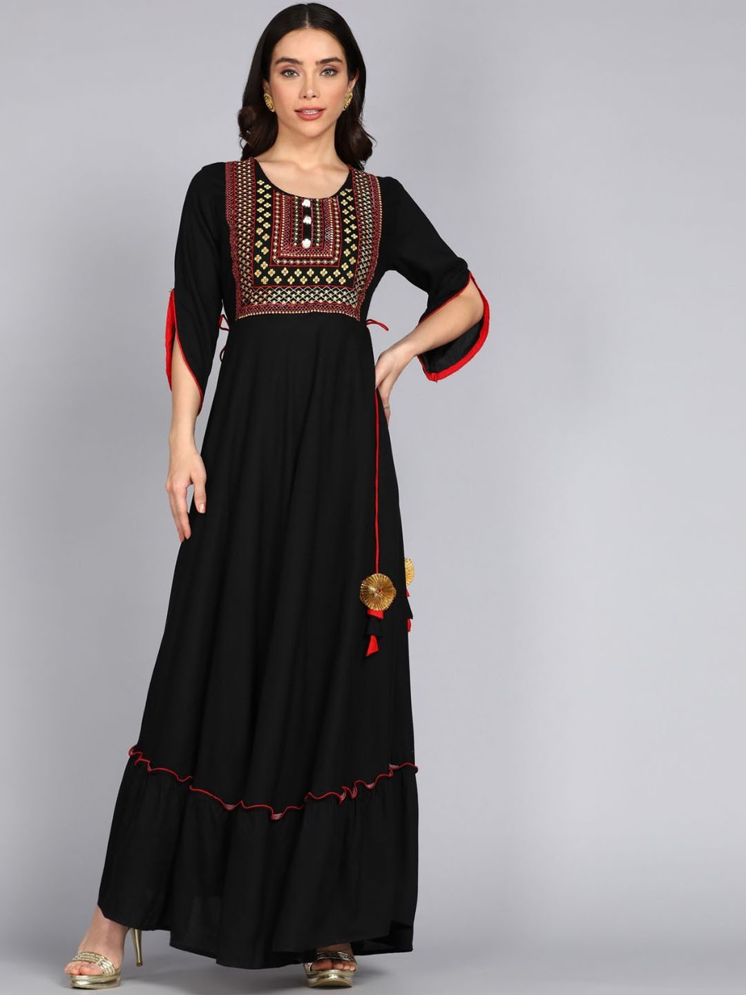 

ftDiva Floral Embroidered Flared Maxi Dress, Black