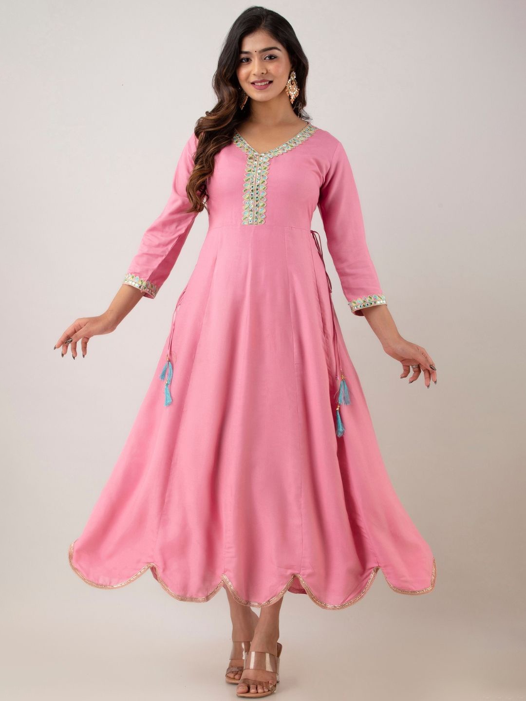 

ftDiva Embellished Details Fit & Flared Maxi Ethnic Dresses, Pink