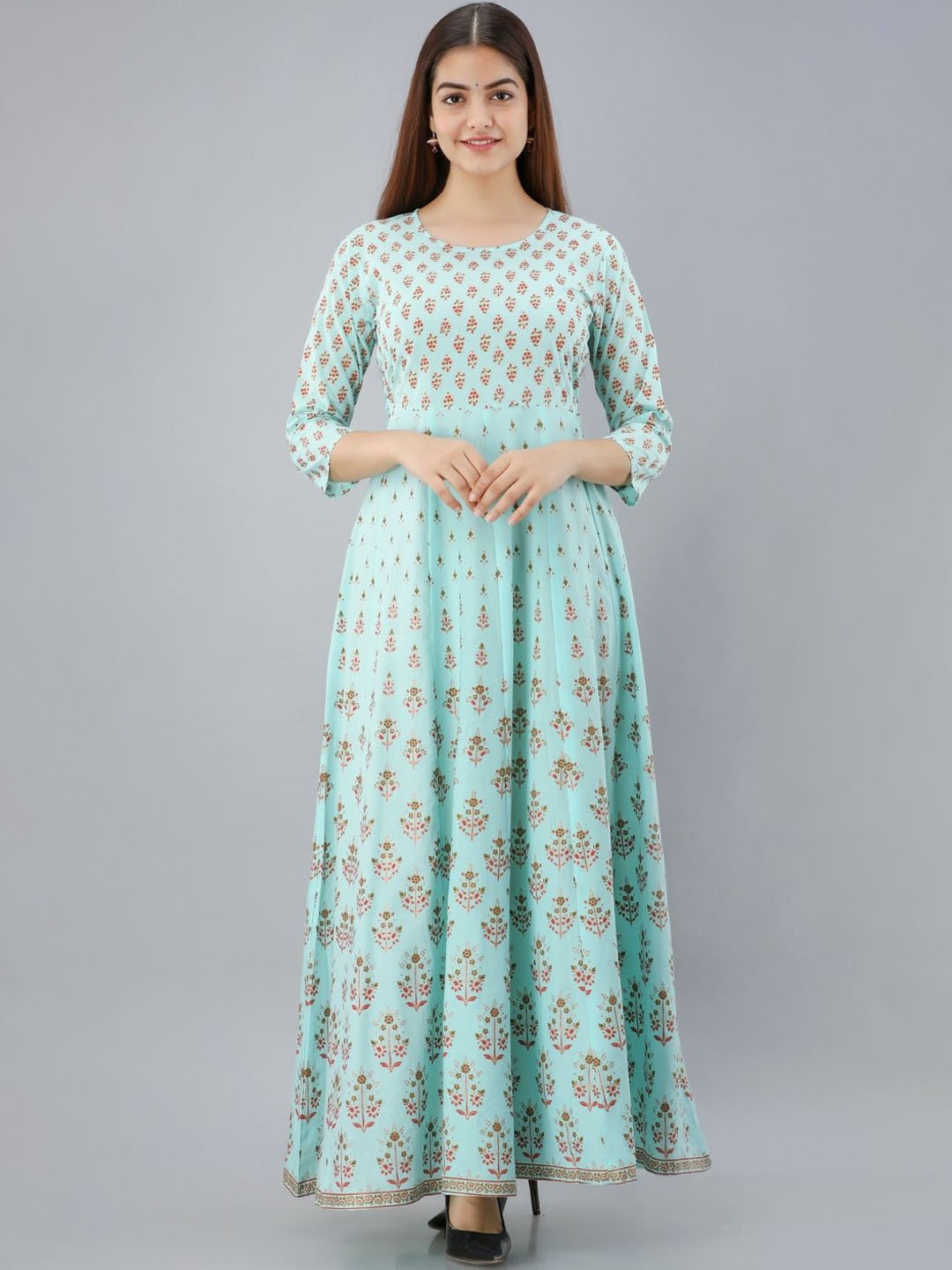 

ftDiva Floral Printed Round Neck Fit and Flare Ethnic Dress, Sea green