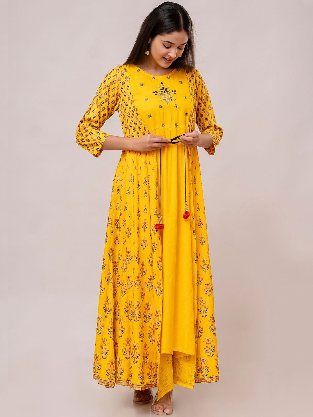

ftDiva Embroidered Flared Maxi Ethnic Dress, Yellow