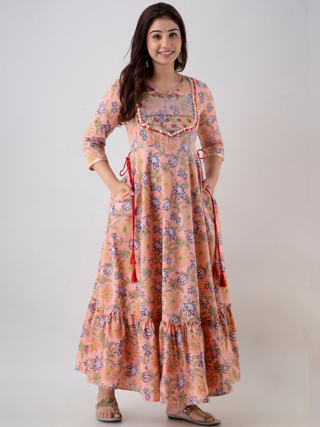 

ftDiva Floral Printed Round Neck Fit and Flare Maxi Ethnic Dresses, Peach