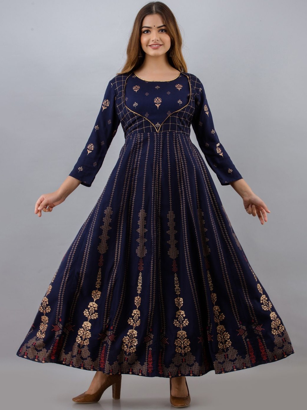 

ftDiva Ethnic Motifs Printed Round Neck Fit and Flare Ethnic Dress, Navy blue