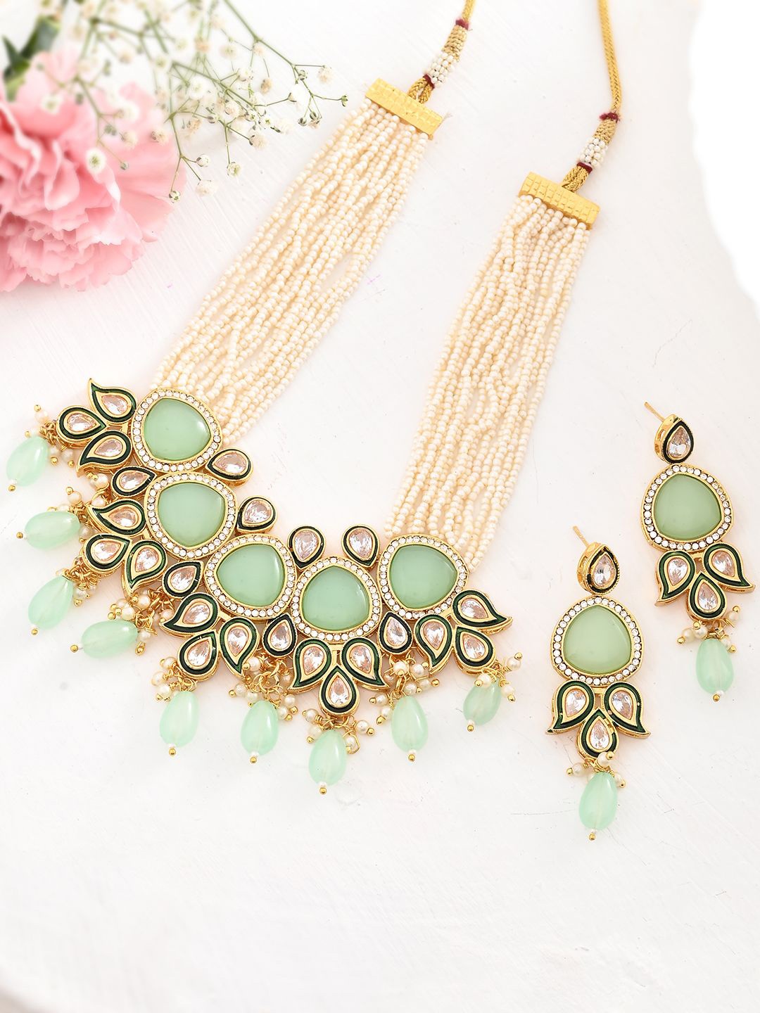 

PYR FASHION Gold-Plated AD Kundan Polki Jewellery Set, Sea green