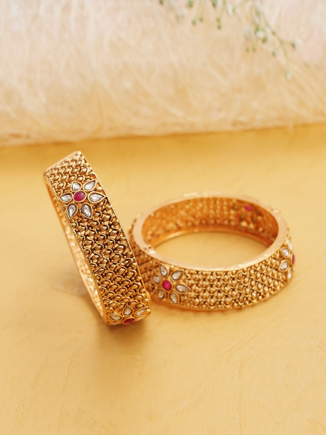 

Designbox Set Of 2 Kundan Stone-Studded Openable Floral Kadas, Gold