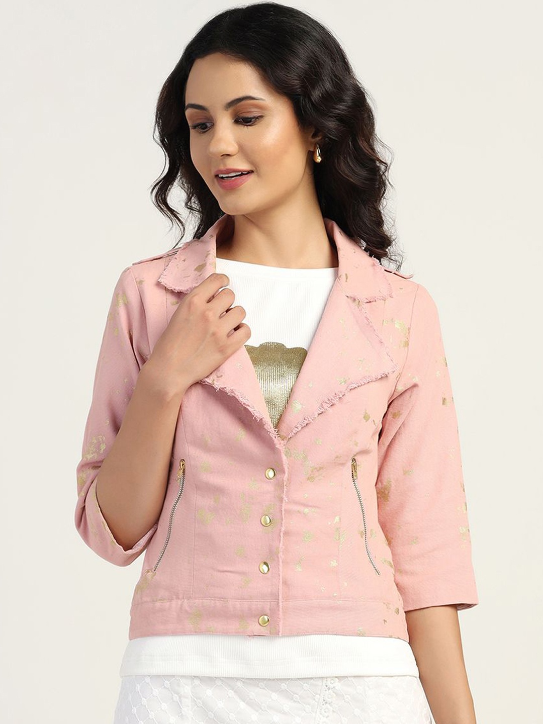 LELA Women Floral Crop Tailored Jacket with Foil, Pink