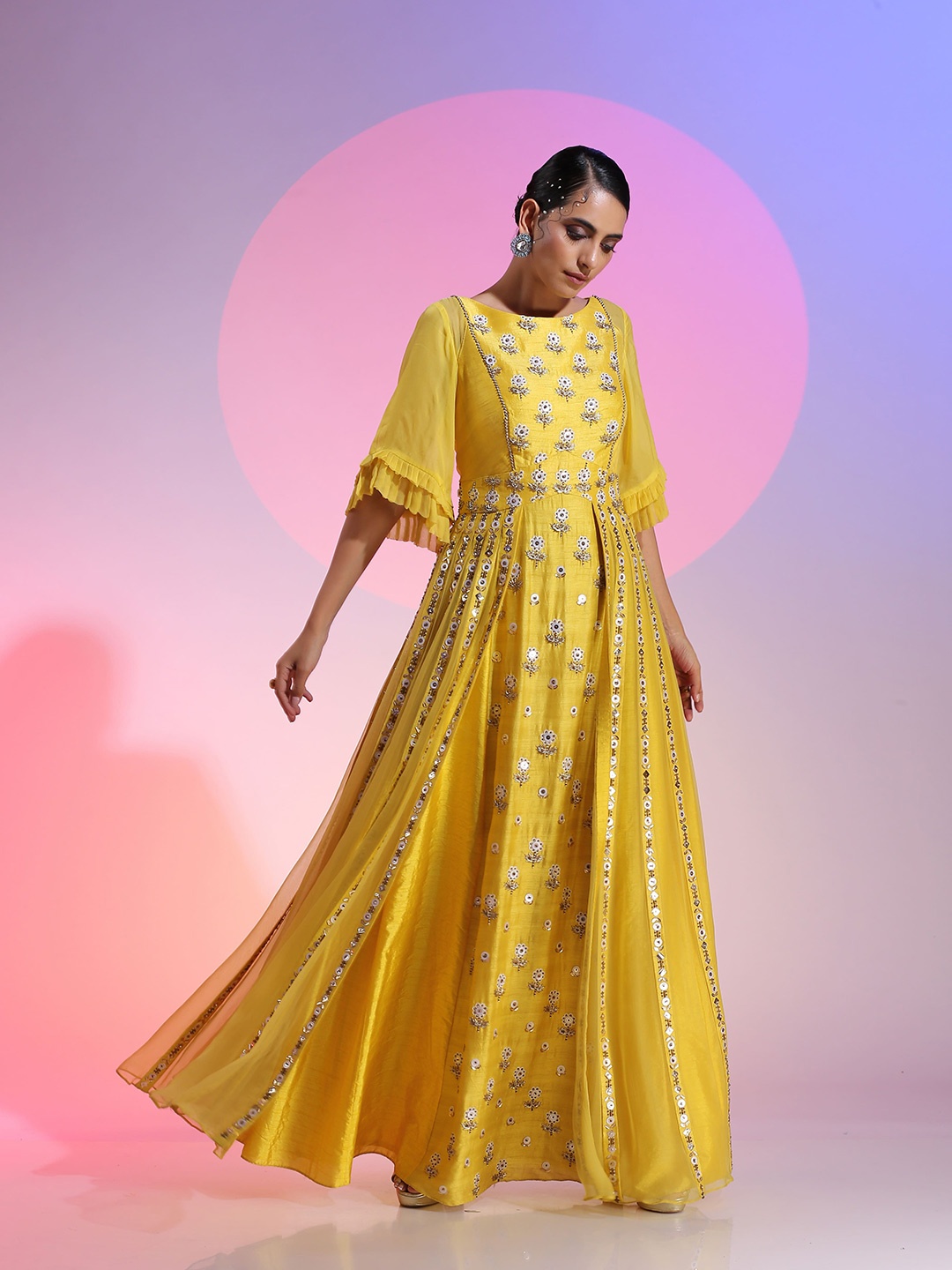 

KUDI PATAKA Floral Print Sequined Maxi Gown Dress, Yellow