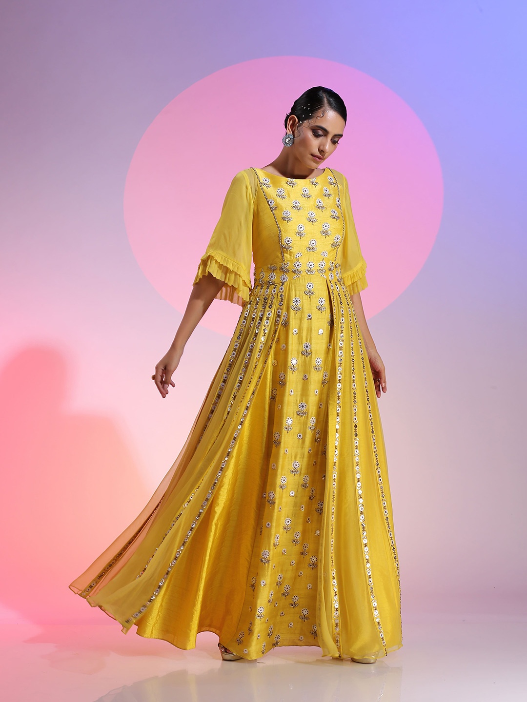 

KUDI PATAKA Floral Print Sequined Maxi Gown Dress, Yellow