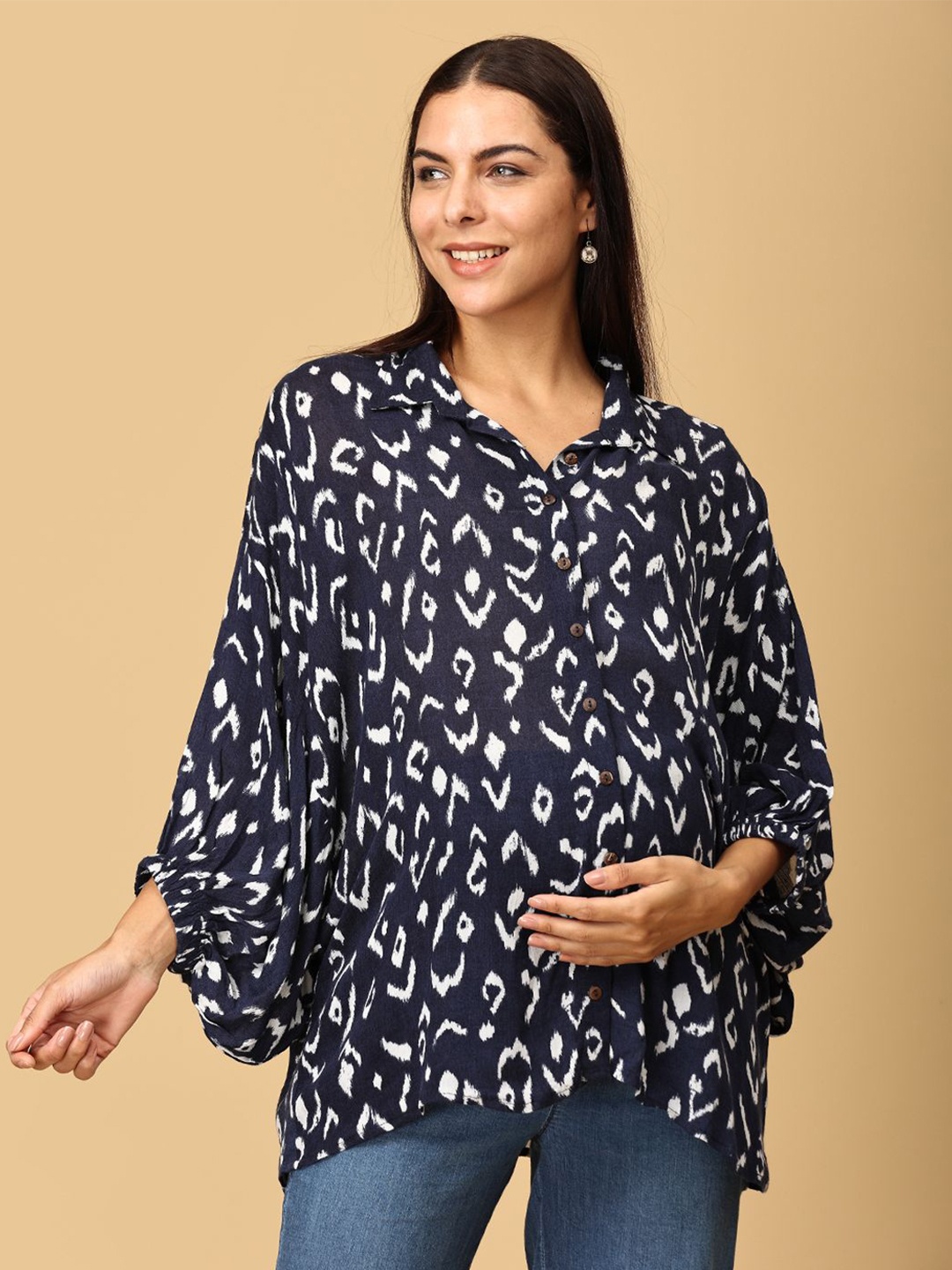

The Mom Store Maternity Micro Ditsy Printed Cotton Top, Navy blue