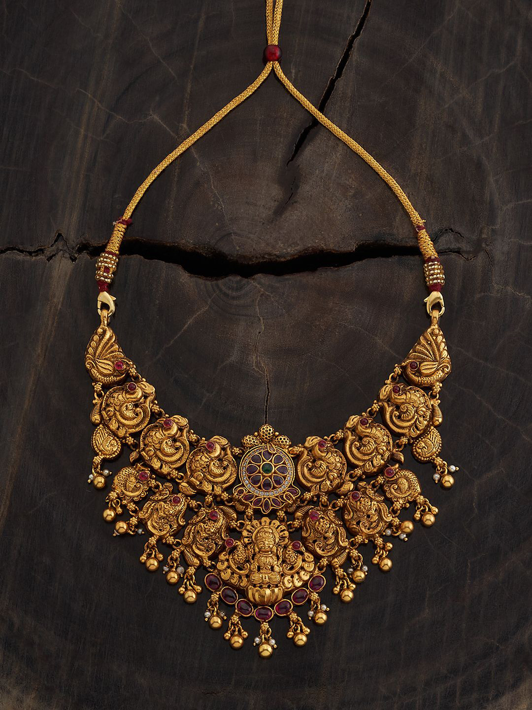 

Kushal's Fashion Jewellery 92.5 Silver Gold-Plated Stones Studded Temple Necklace