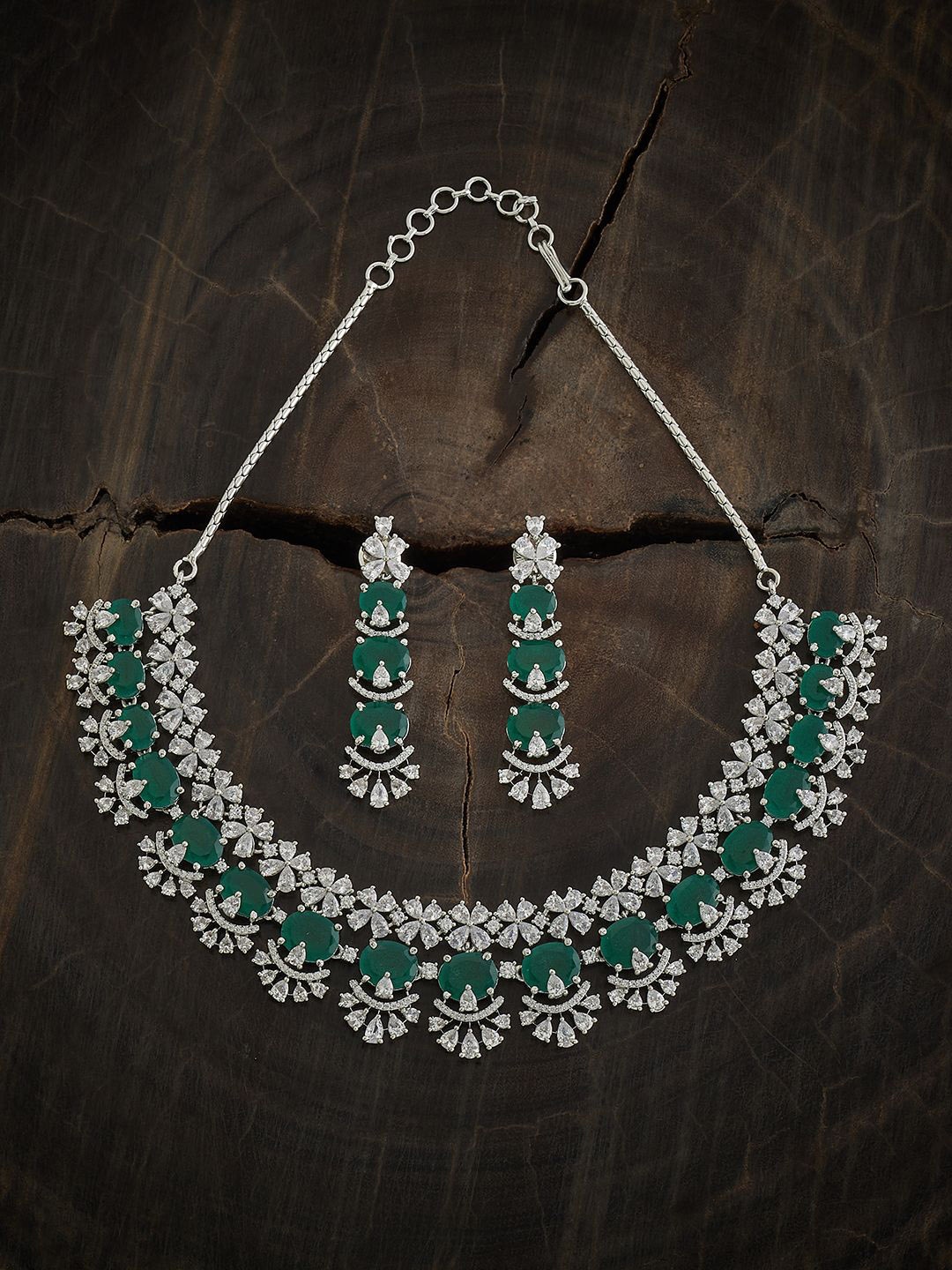 

Kushal's Fashion Jewellery Rhodium Plated CZ Studded Jewellery Set, Silver