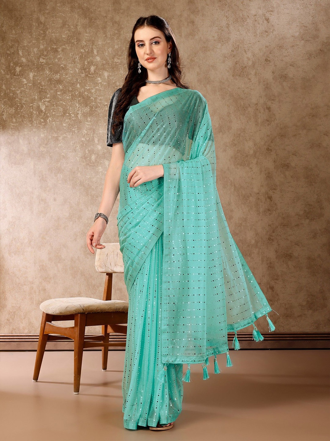 

HERE&NOW Embellished Mukaish Saree, Sea green