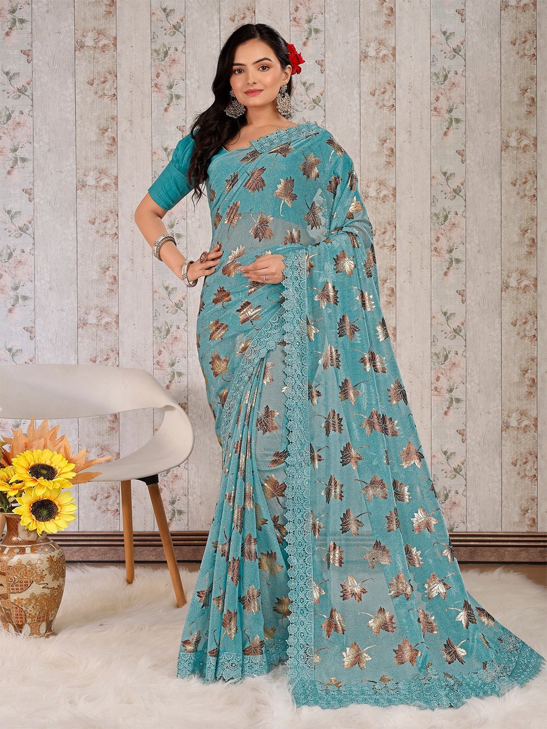 

HERE&NOW Floral Embroidered Saree, Turquoise blue