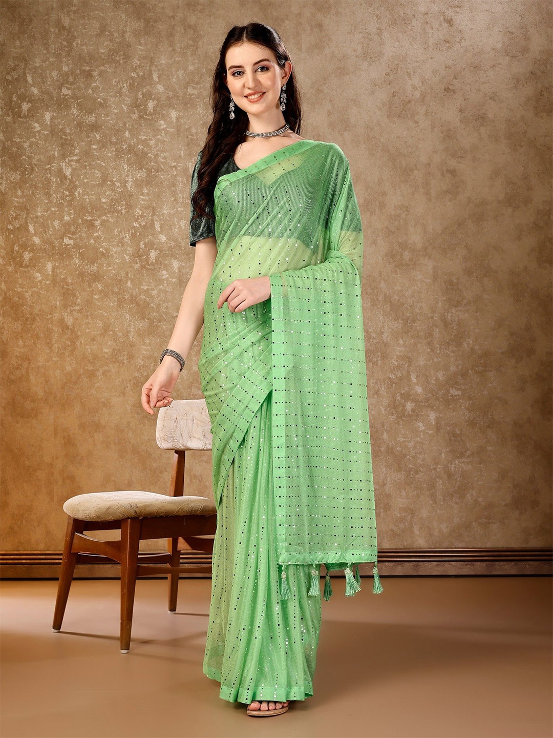 

HERE&NOW Embellished Sequinned Saree, Fluorescent green