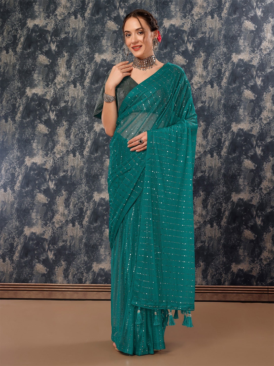 

HERE&NOW Embellished Mukaish Saree, Teal