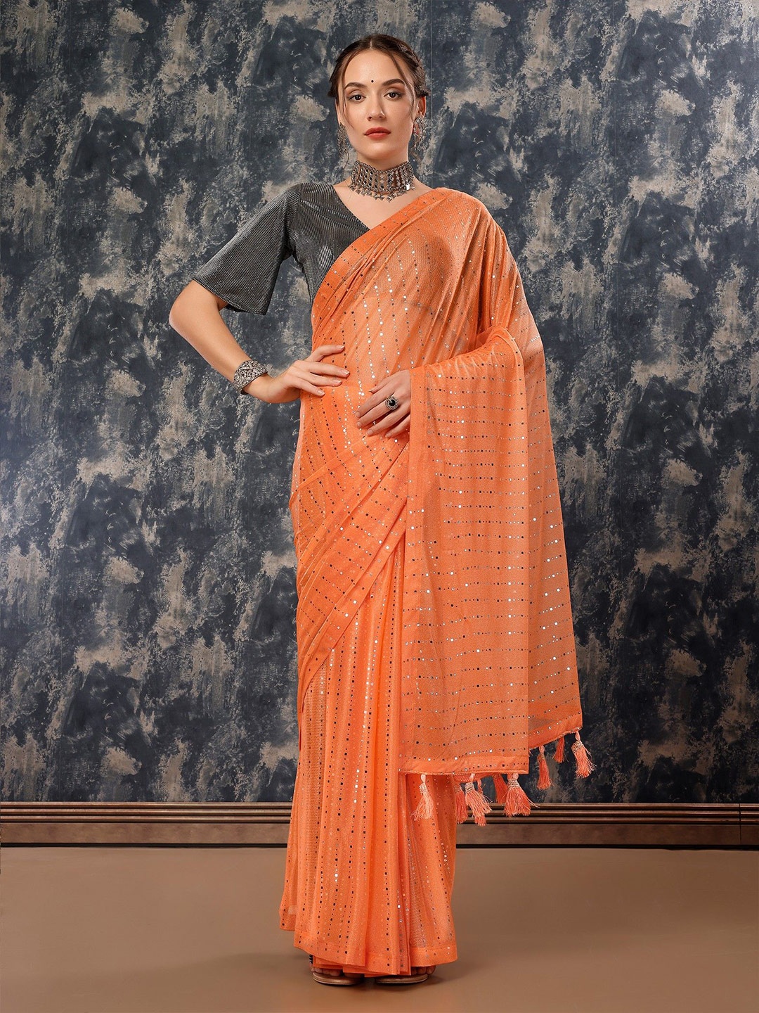 HERE&NOW Embellished Mirror Work Saree, Orange