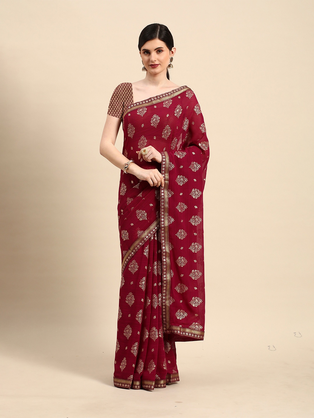 

HERE&NOW Ethnic Motifs Printed Saree With Blouse Piece, Burgundy