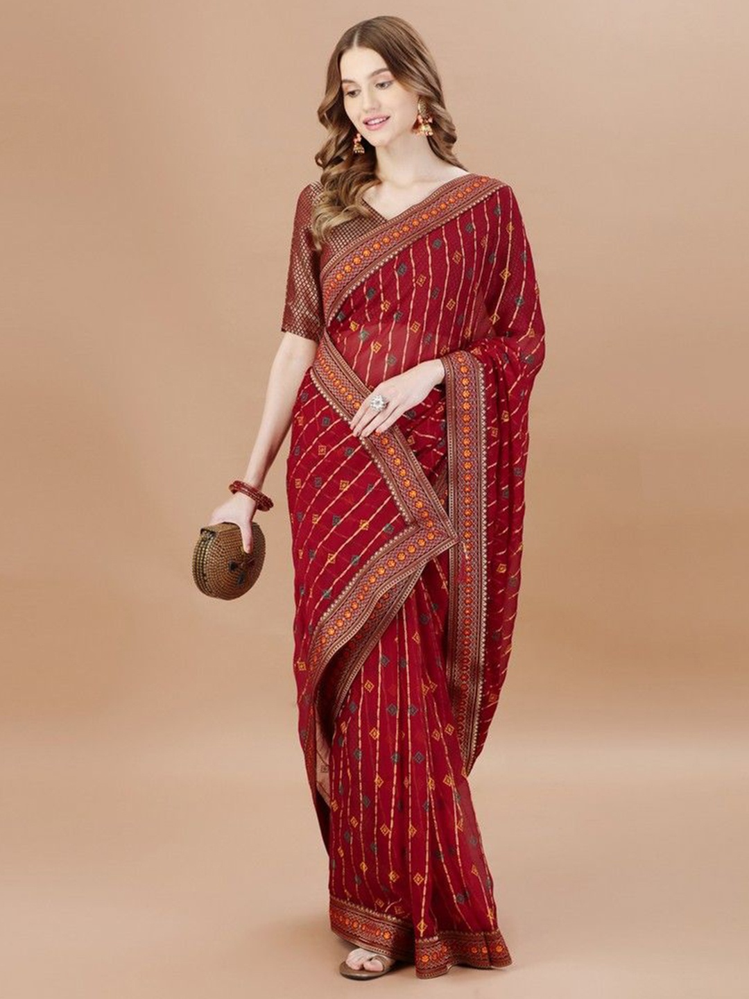 

HERE&NOW Bandhani Embroidered Saree, Maroon
