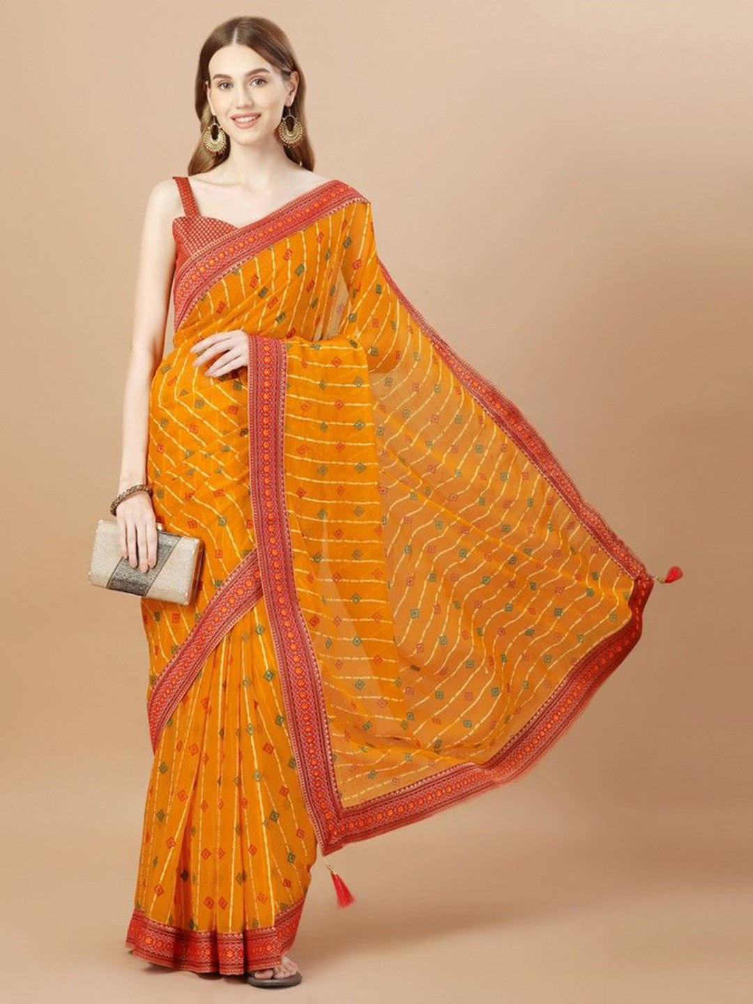 

HERE&NOW Embroidered Bandhani Saree, Orange