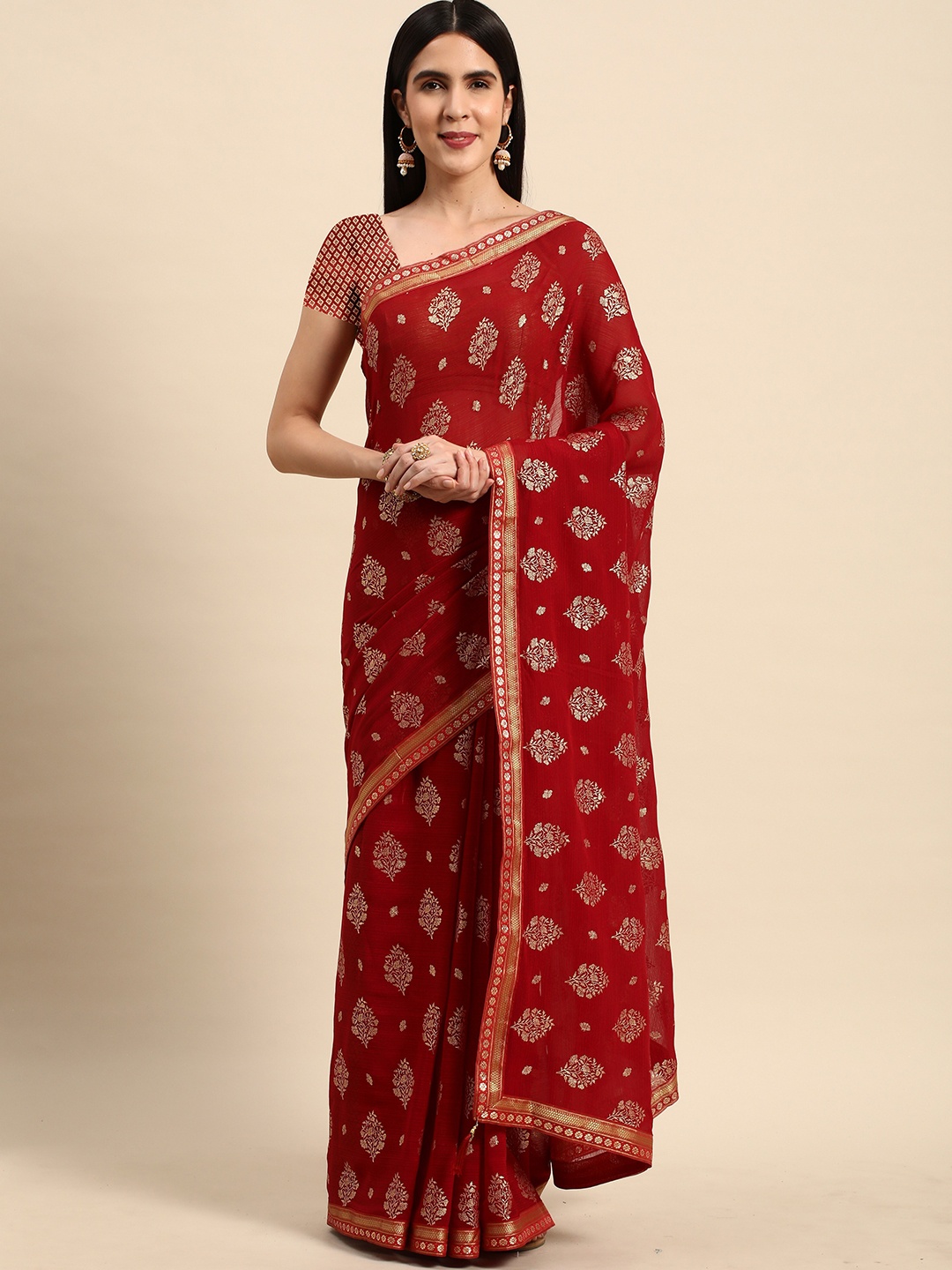 

HERE&NOW Ethnic Motifs Printed Saree With Blouse Piece, Maroon