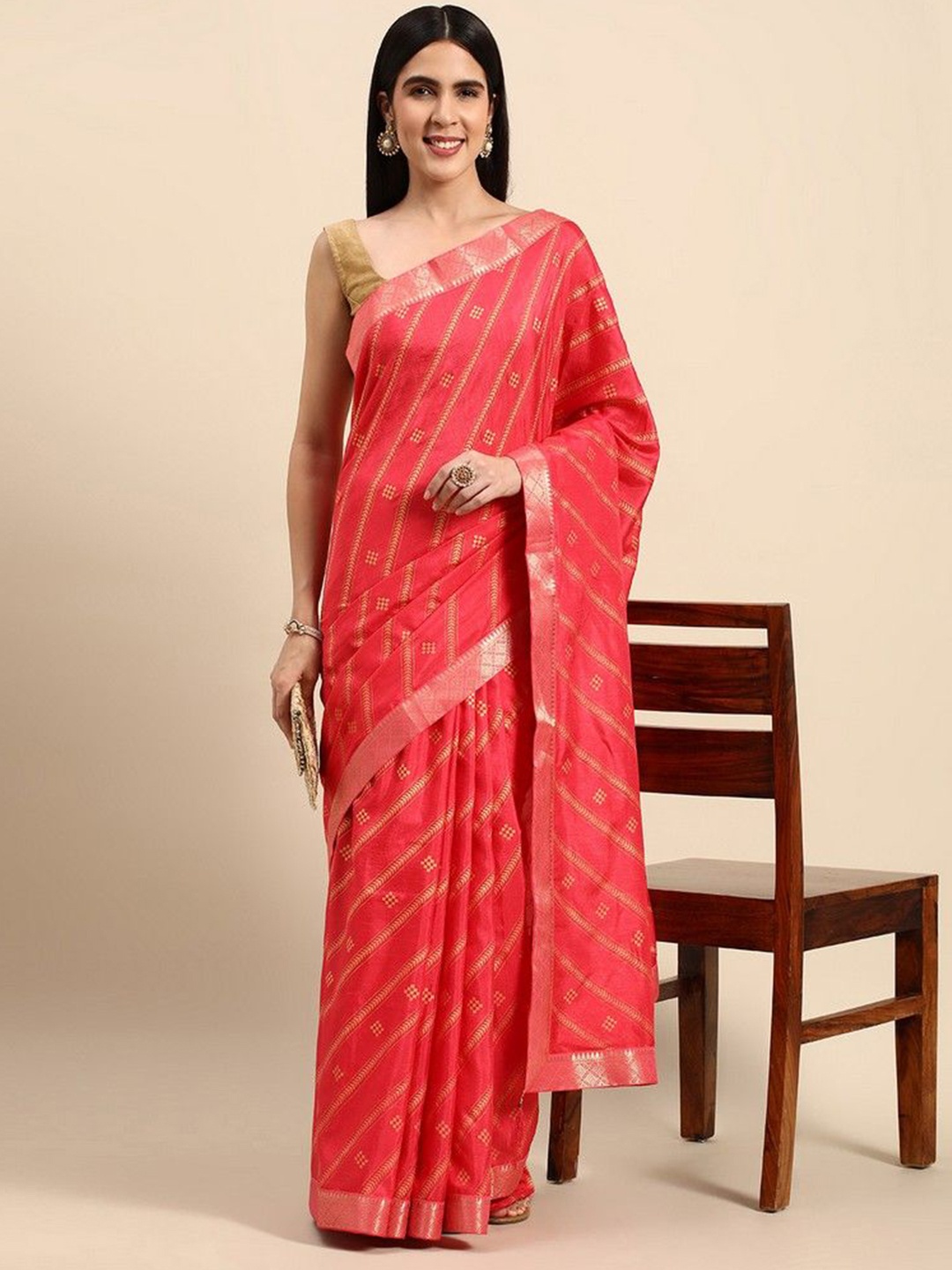 

HERE&NOW Ethnic Motifs Printed Zari Saree With Blouse Piece, Pink