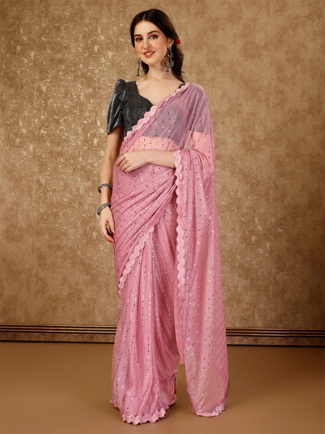 

HERE&NOW Embellished Sequinned Saree, Peach