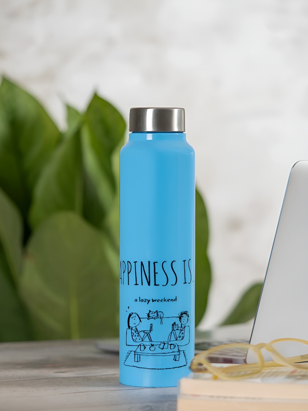 

Clay Craft Vacbott Happiness 1000Ml Single-Wall Stainless Steel BIS Approved Water Bottle, Blue