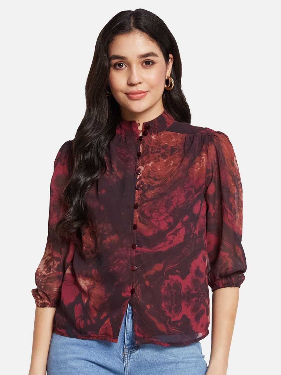 

METTLE Floral Print Mandarin Collar Puff Sleeve Cotton Shirt Style Top, Maroon