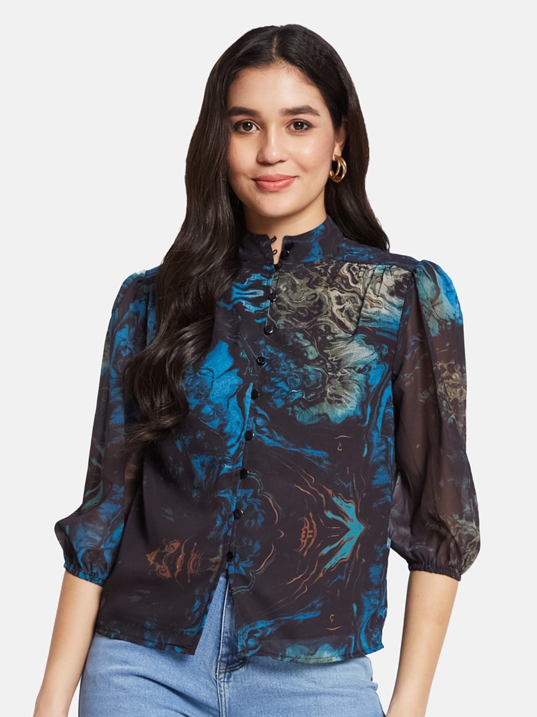 

METTLE Print Mandarin Collar Cotton Shirt Style Top, Green