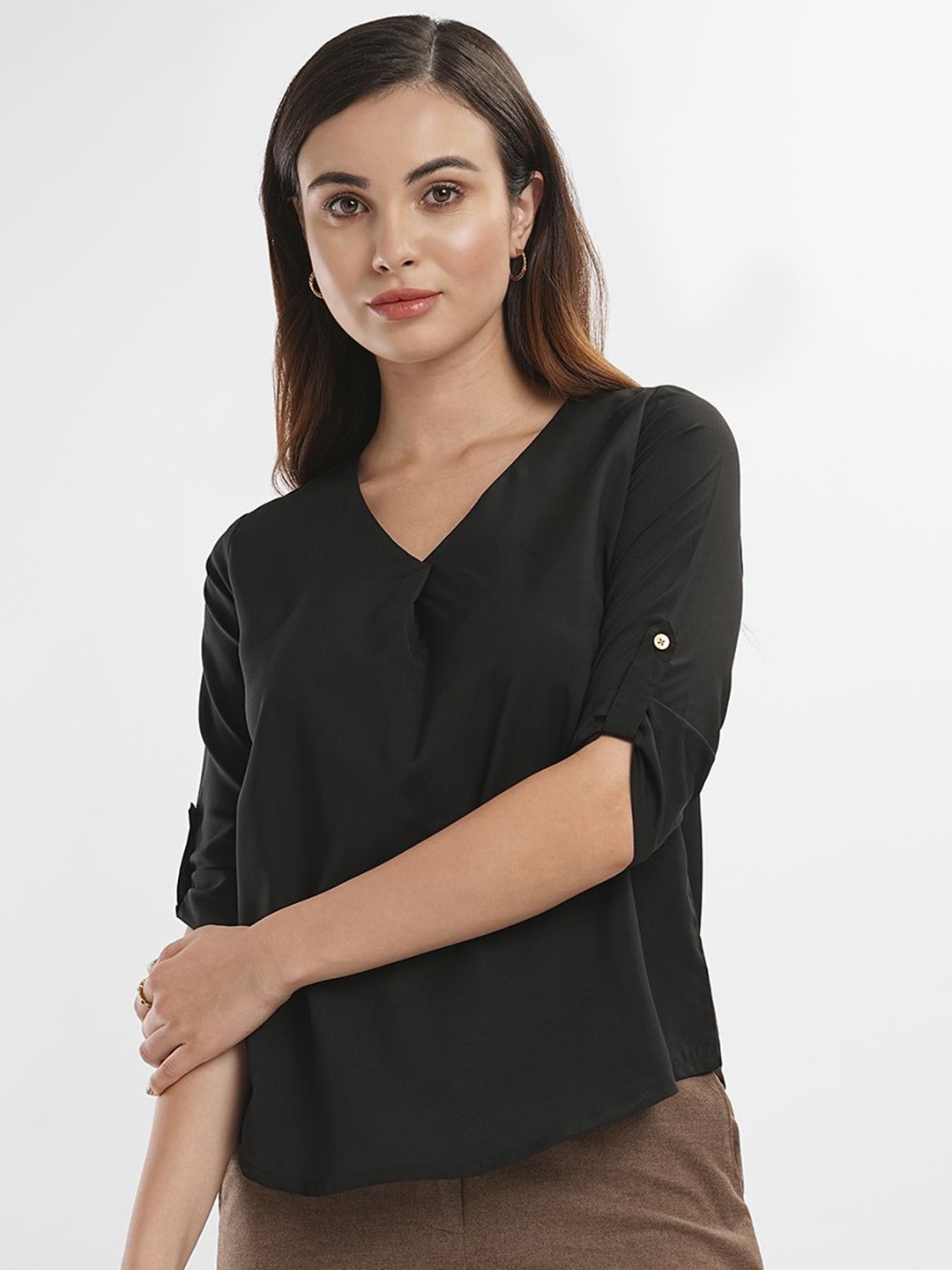 

Bombay High Roll-Up Women Solid Sleeves Crepe Top, Black