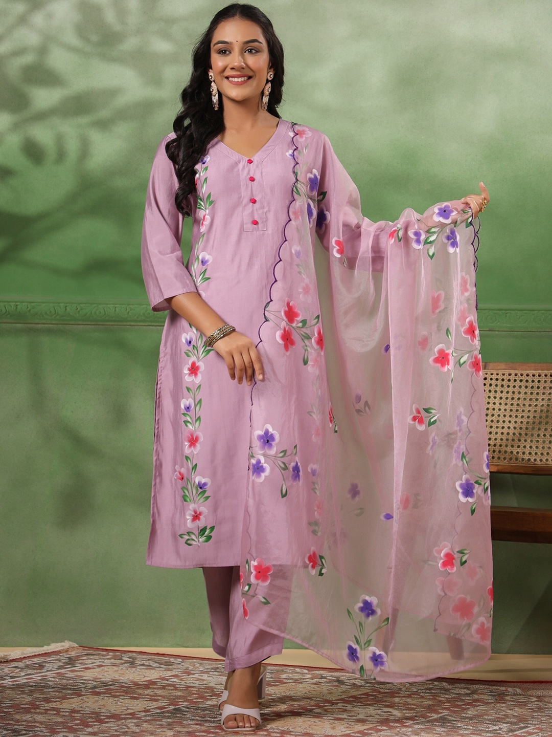 

mirari Floral Printed Straight Kurta With Trouser & Dupatta, Lavender