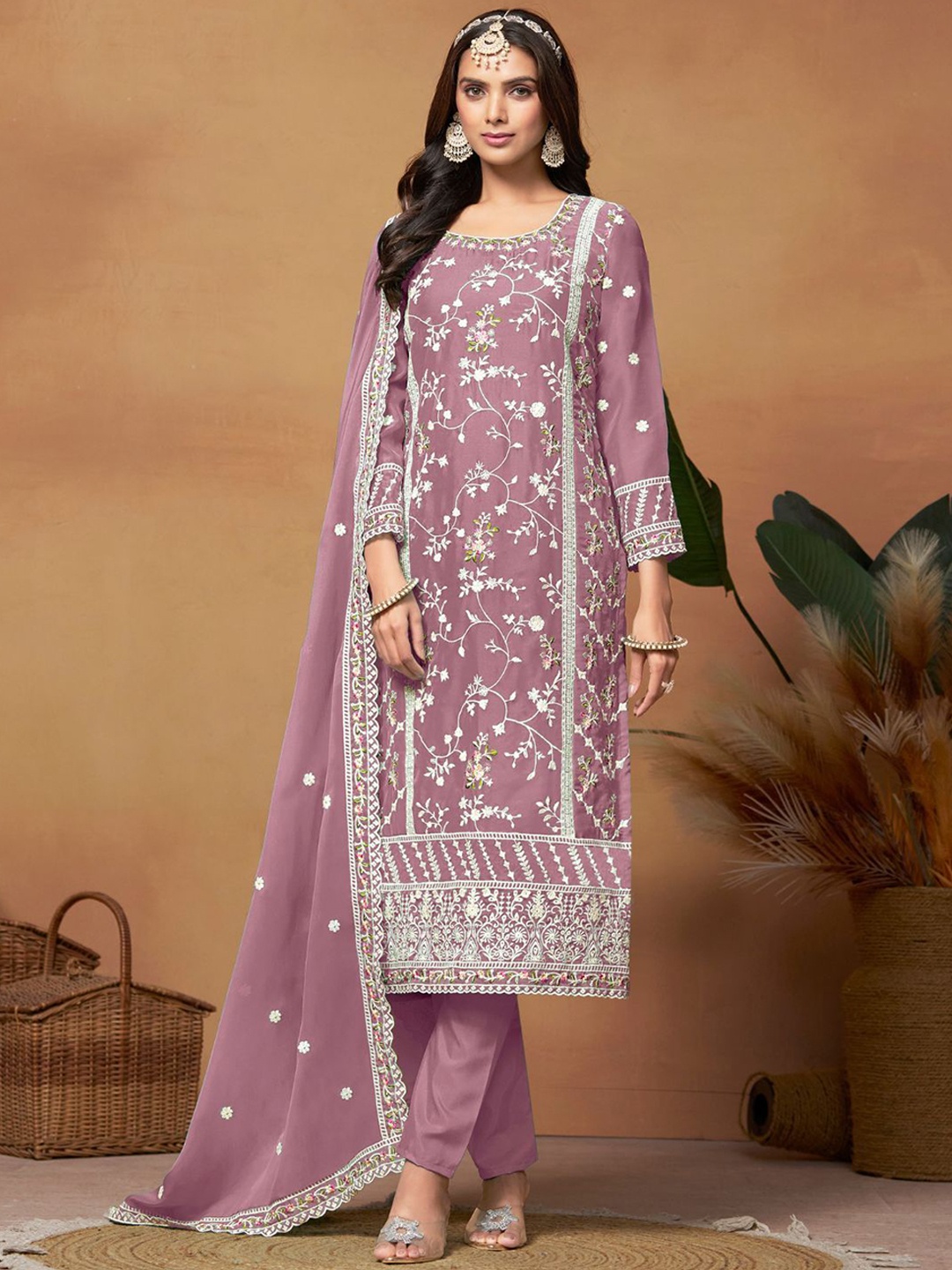

ODETTE Women Floral Embroidered Regular Thread Work Kurta with Pyjamas & With Dupatta, Pink