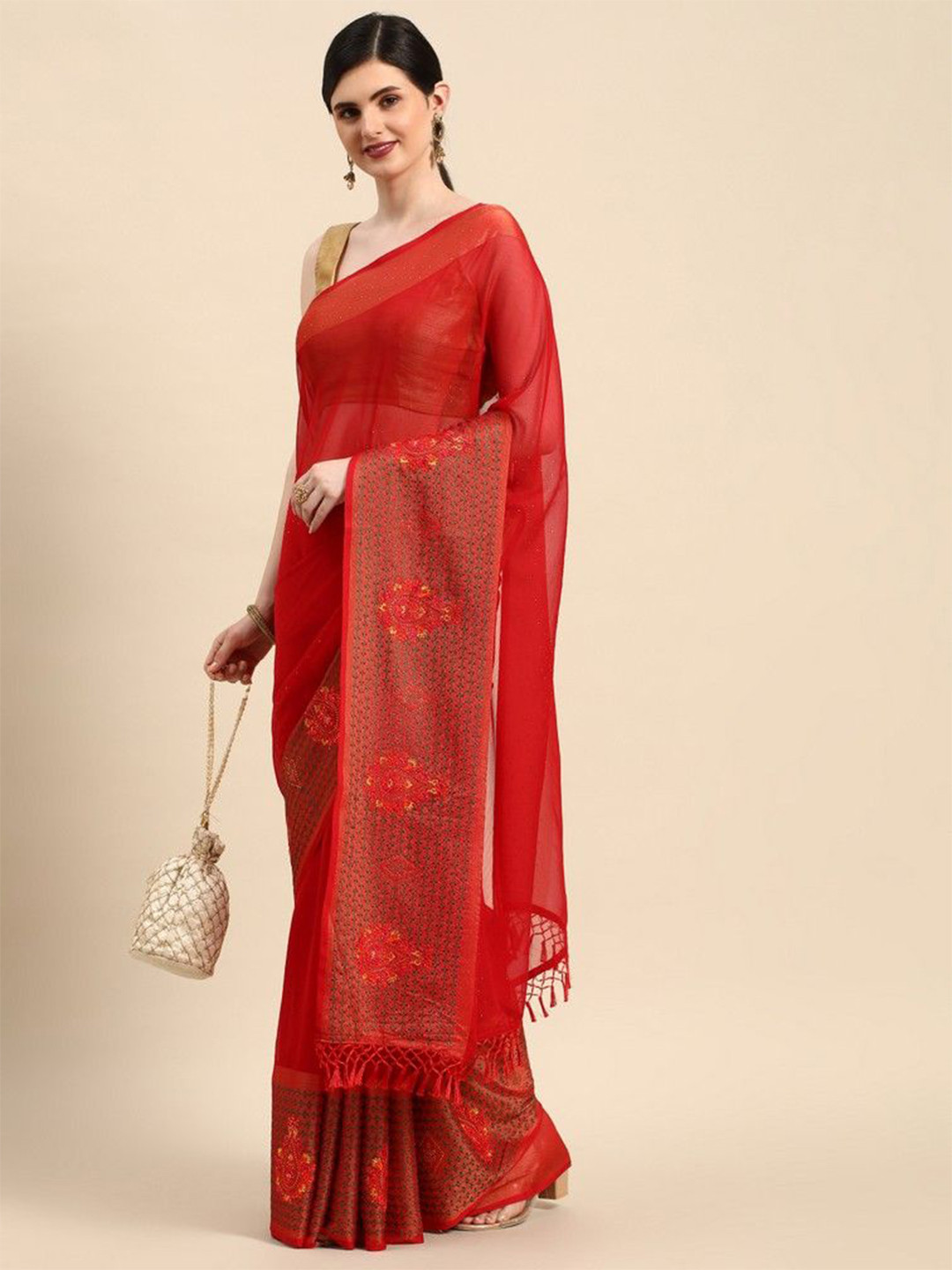 

HERE&NOW Embellished Beads and Stones Saree, Red