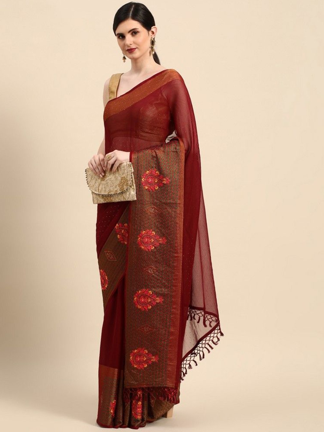 

HERE&NOW Embellished Embroidered Saree, Burgundy