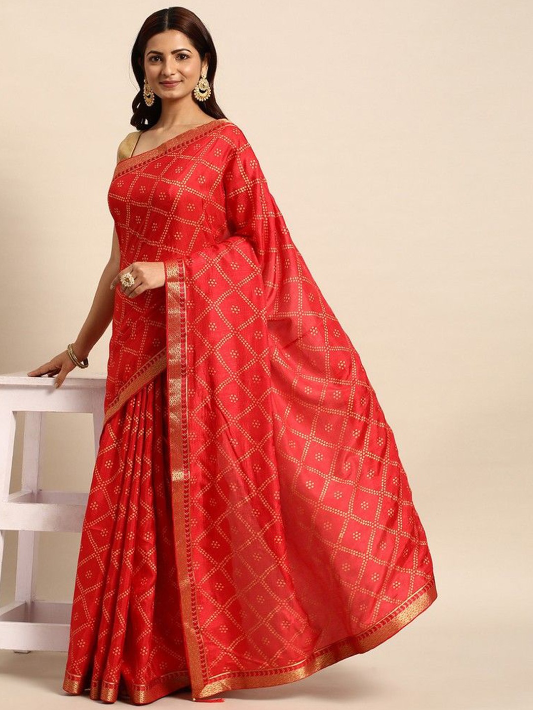 

HERE&NOW Bandhani Zari Saree, Red