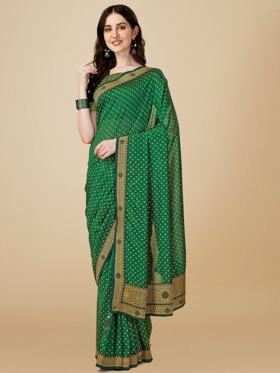 

HERE&NOW Bandhani Embroidered Saree, Green