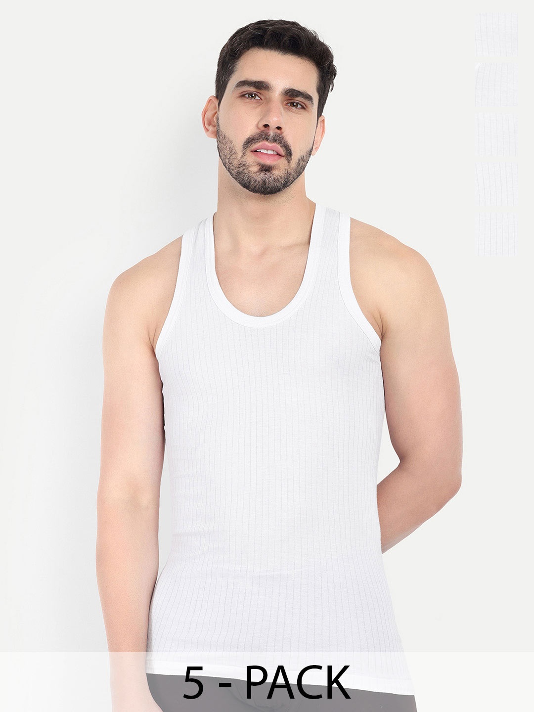 

KANSAL Pack Of 5 Striped Cotton Innerware Vests, White