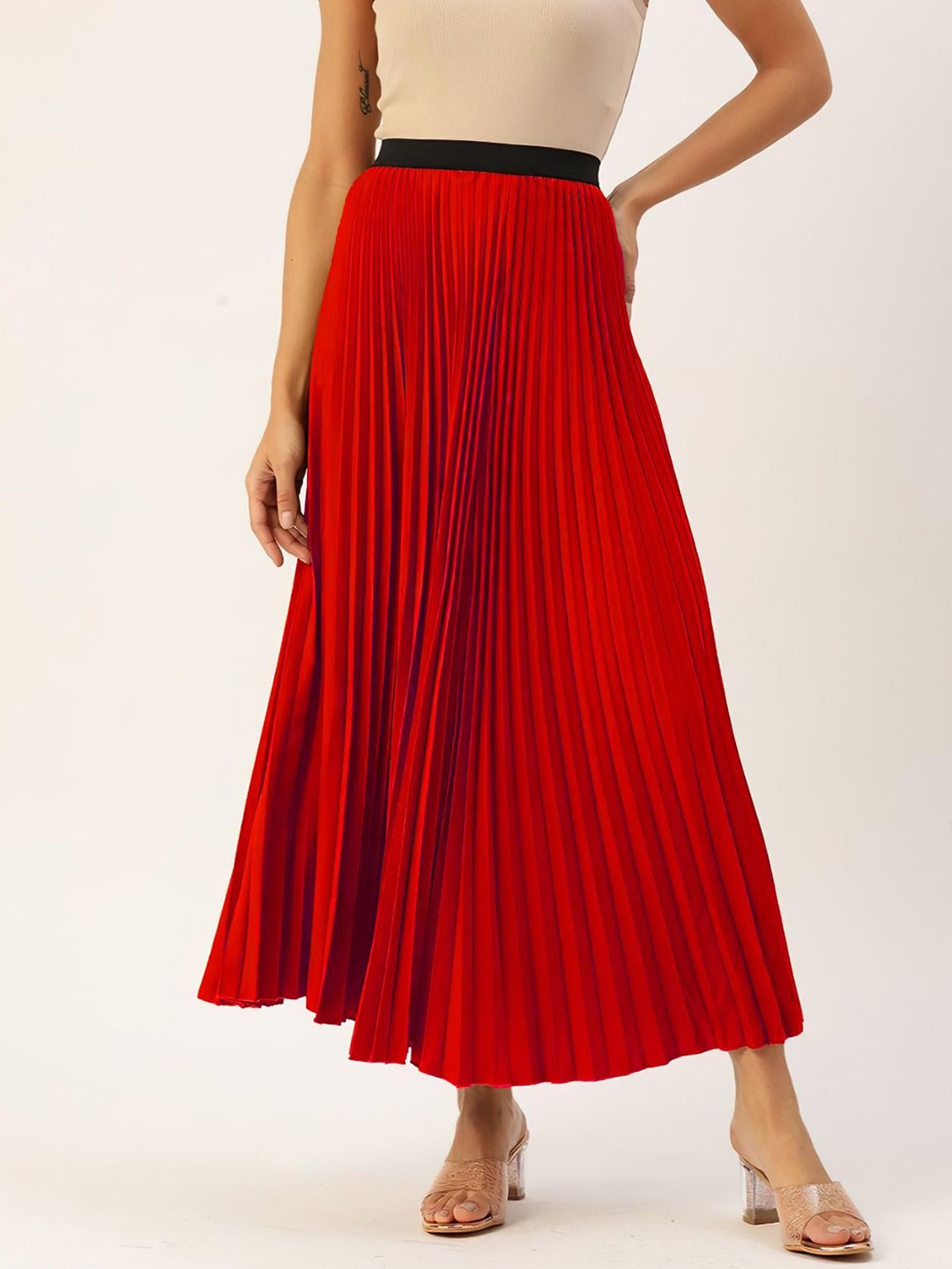 

OTABU Pleated Flared Maxi Skirt, Red