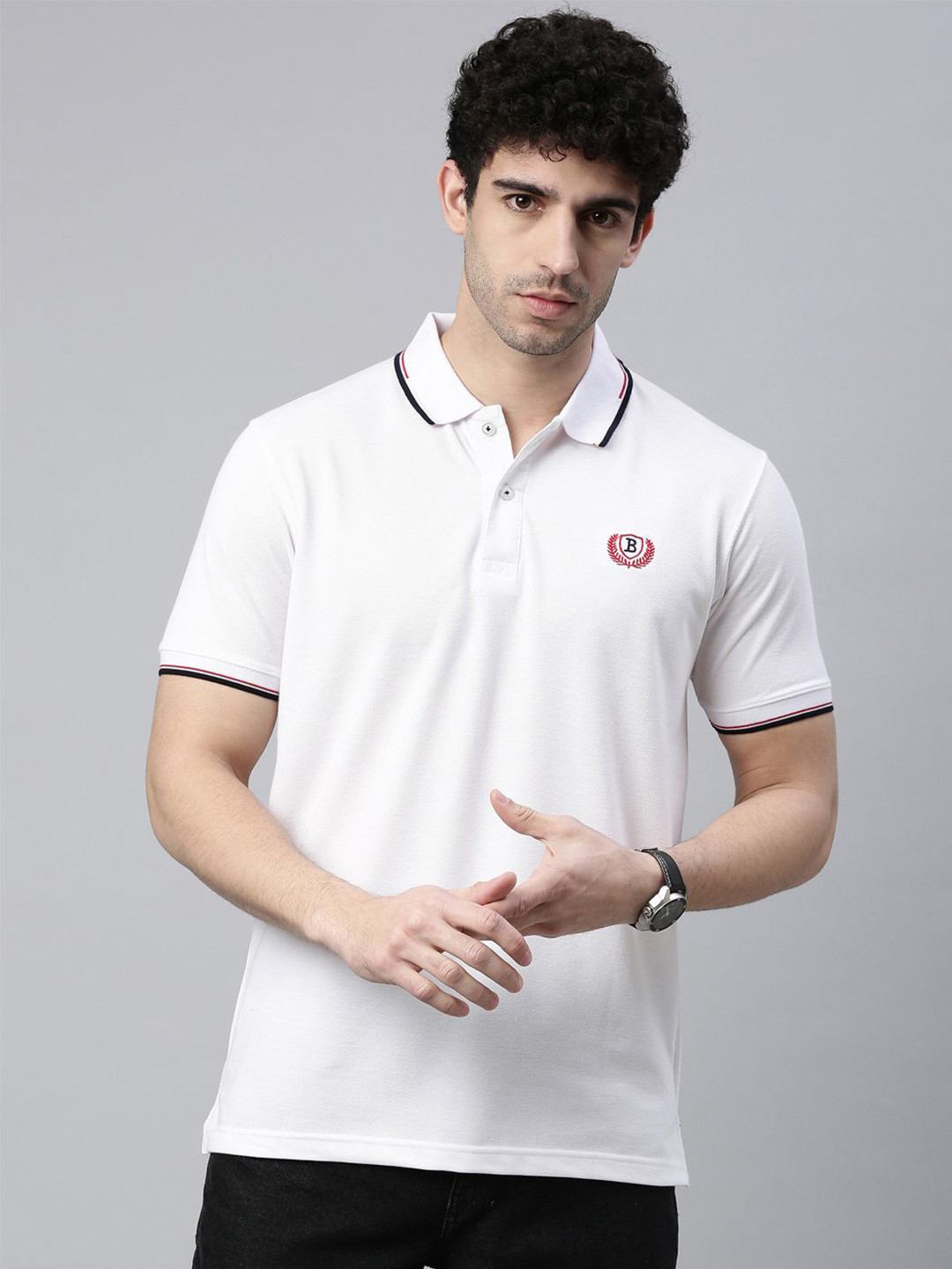 

Bushirt Men Polo Collar Solid Pure Cotton T-shirt, White