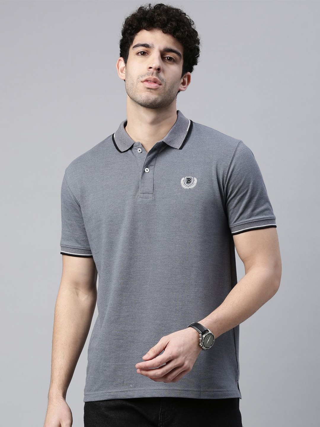 

Bushirt Men Polo Collar Solid Pure Cotton T-shirt, Grey