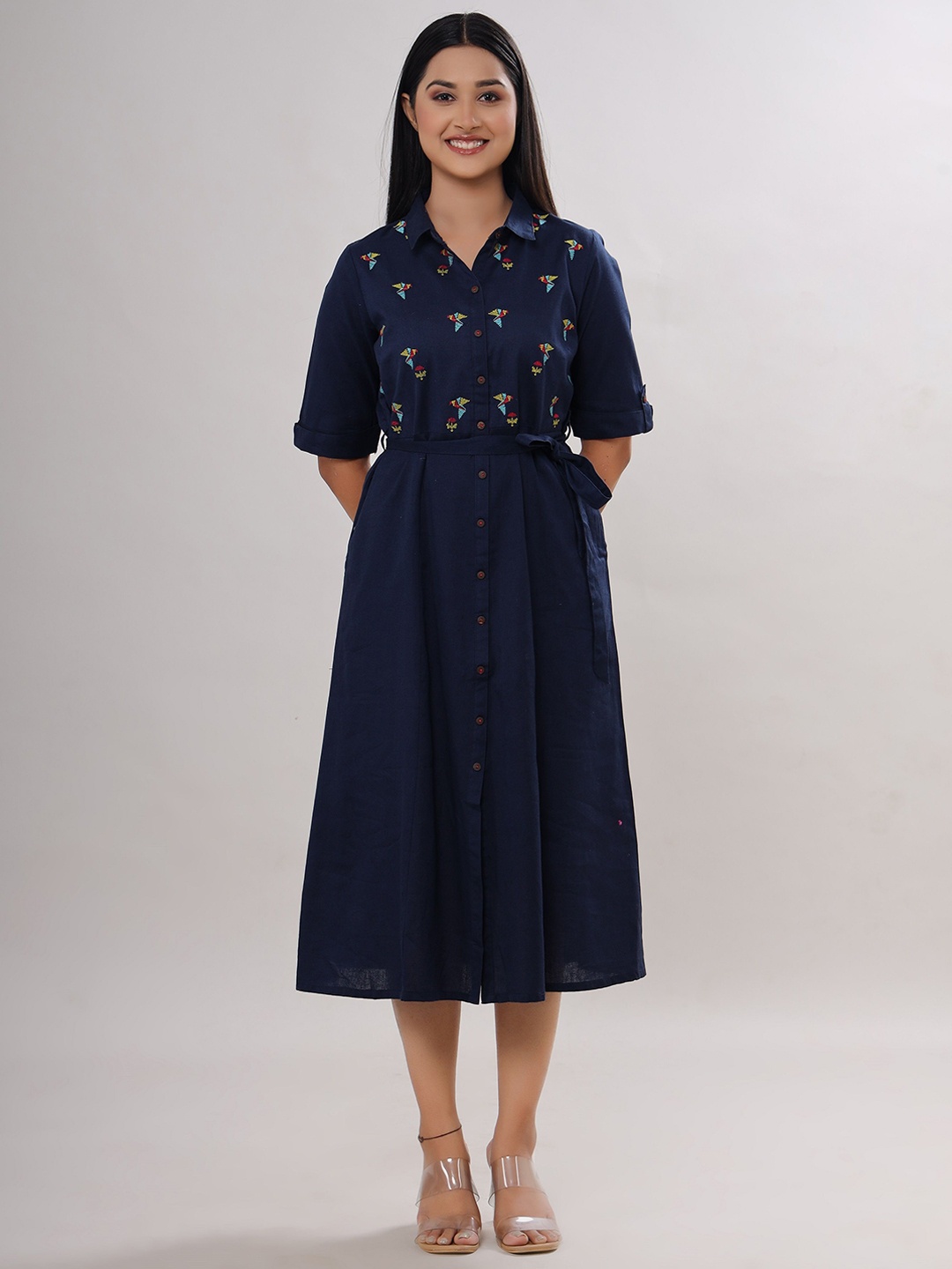 VASVI Shirt Collar Floral Embroidered Thread Work A-Line Kurta, Navy blue