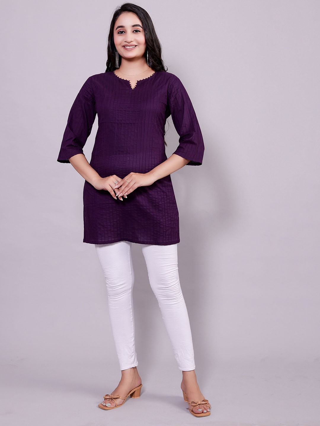 

VASVI Notch Neck Three Quarter Sleeves Thread Work Straight Kurta, Purple